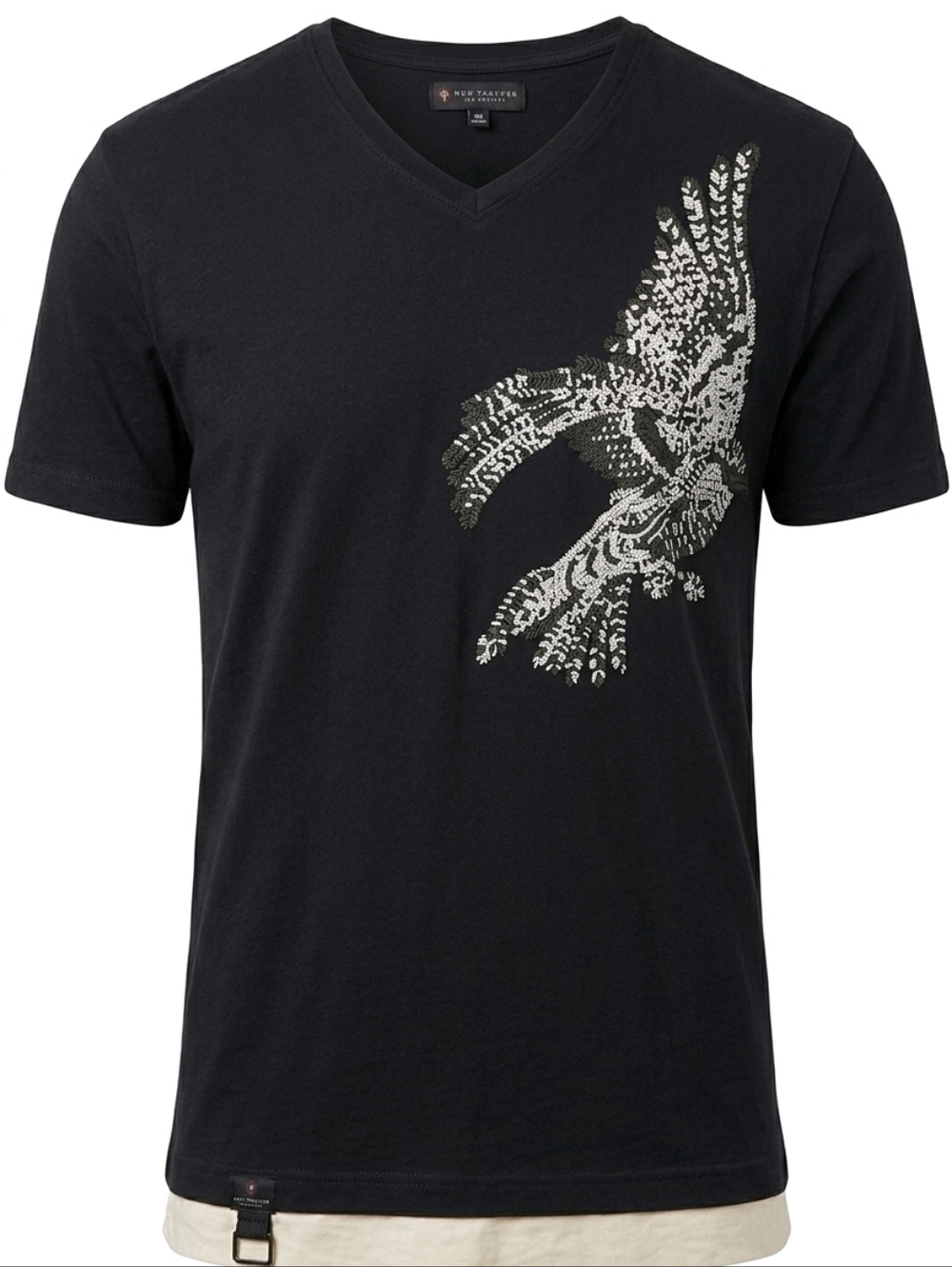 🤑Ron Tomson Black V-Neck Tee with Silver Bird Graphic
